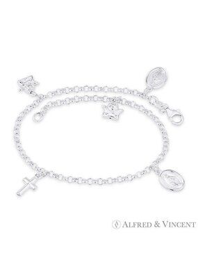Holy Mother Mary Miraculous Medal Cross Charm Anklet in 925 Sterling Silver -10"